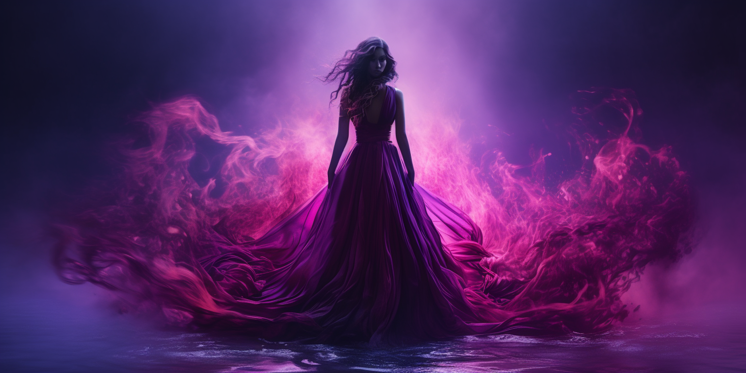 Ethereal woman in flowing purple gown surrounded by swirling magenta flames