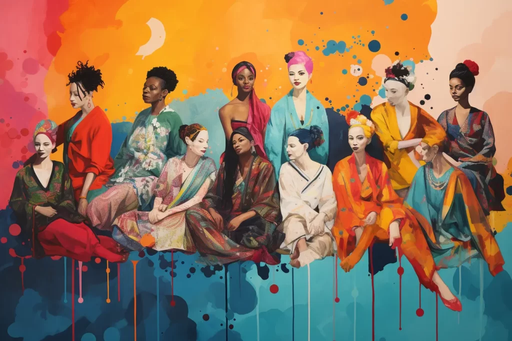 Diverse group of women in vibrant traditional attires against a colorful abstract background