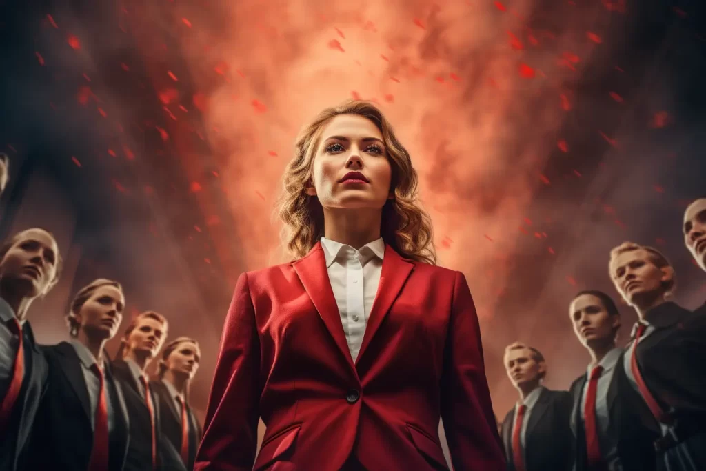 Determined woman in red blazer with focused gaze, surrounded by serious-faced peers under a stormy sky with falling embers