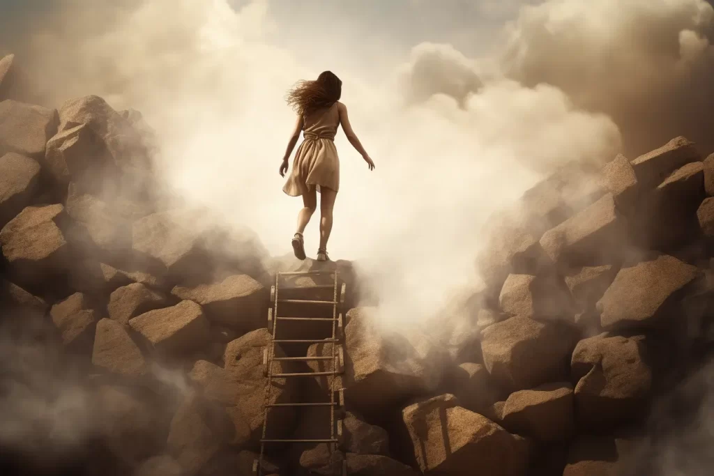 Woman ascending a ladder atop rocky terrain, with clouds enveloping the scene