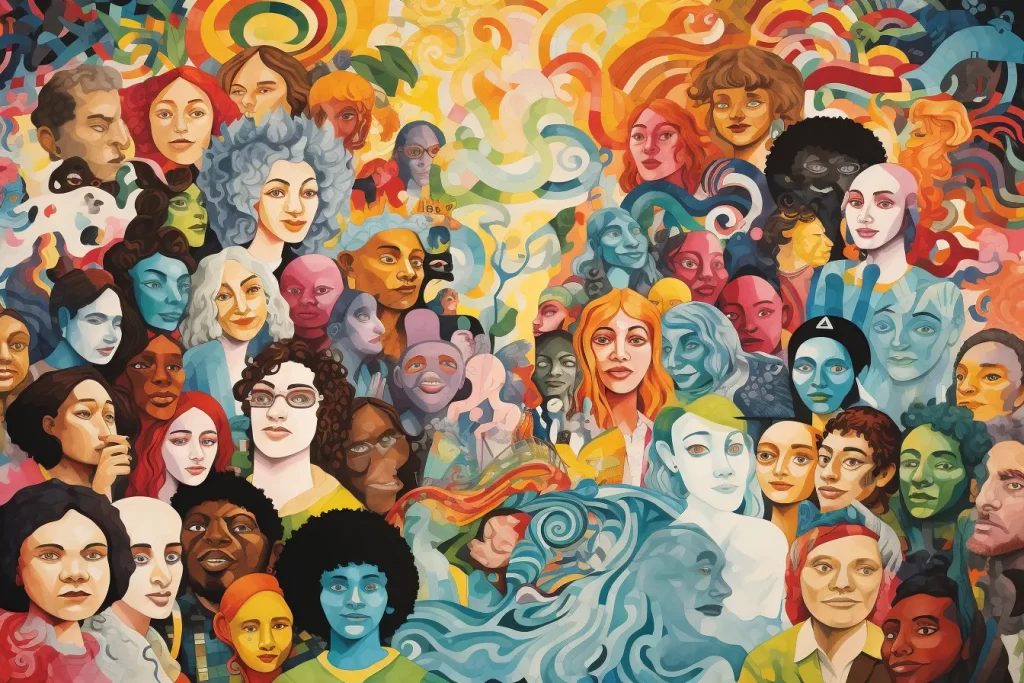 Mosaic of diverse faces intertwined with vibrant abstract patterns