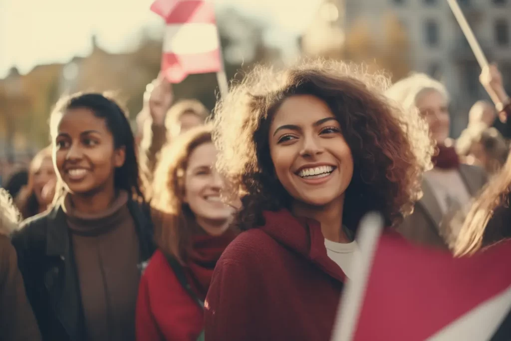 Diverse group of women proudly waving flags in a vibrant crowd, with a curly-haired leader holding a red and white flag.