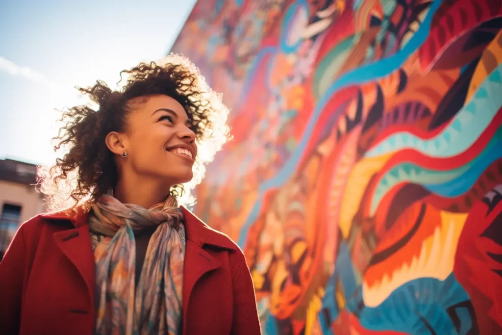 Young woman with curly hair in a red coat standing confidently in front of a vibrant urban mural, exuding hope and artistic energy.
