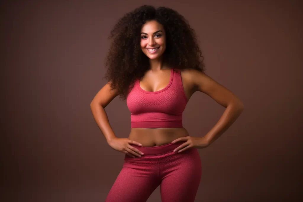 Young woman in pink sports attire, showcasing her athletic physique on a brown background.
