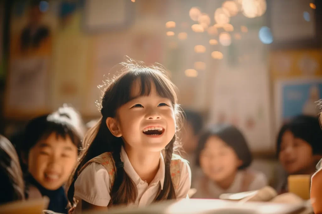 Asian children laughing and engaging in activities in a classroom, with a girl joyfully laughing in the foreground.