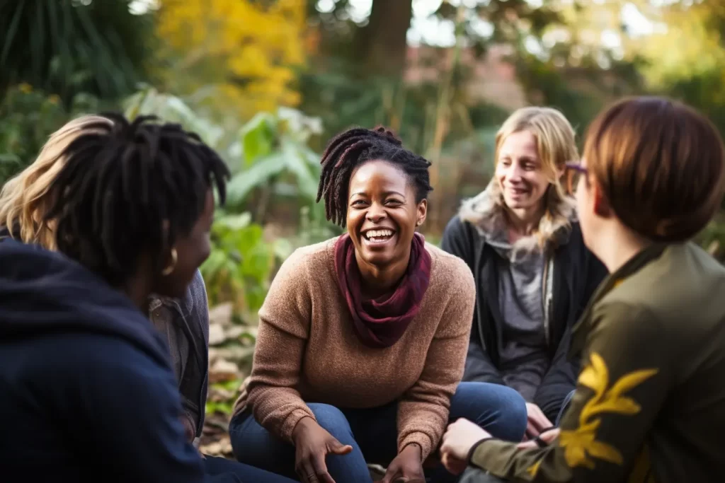 Diverse group of women sharing stories and laughing in a circle at a verdant park setting.