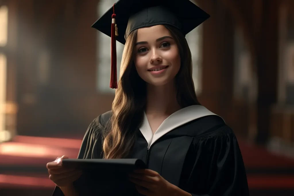 Radiant graduate in cap and gown holding a tablet and book, symbolizing her academic achievements and readiness for the future.