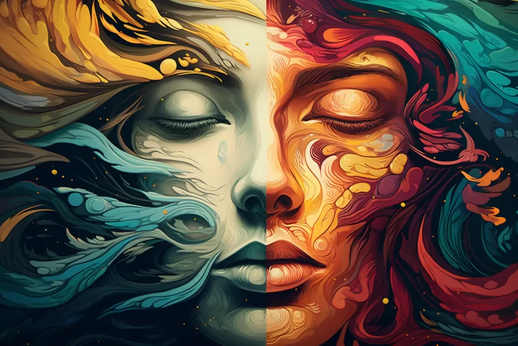 Abstract painting of a detailed woman's face adorned in vibrant colors, highlighting the beauty of artistic expression.