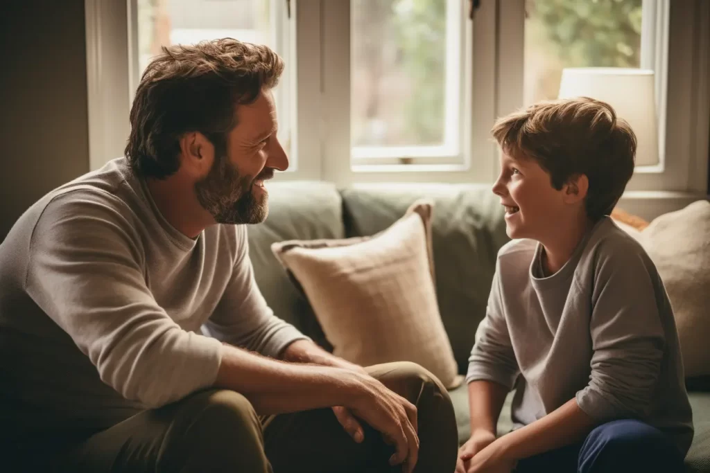 Father and son sharing a heartfelt moment on a couch in a cozy living room.