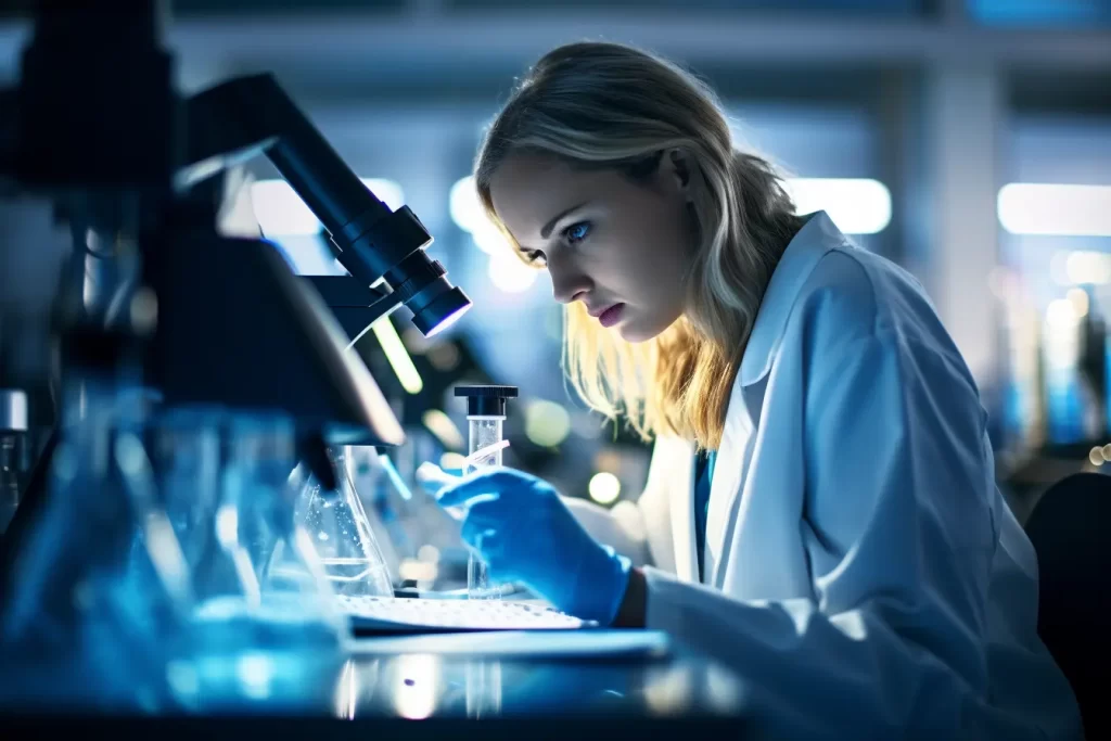 Dedicated female scientist in a white lab coat intently observing through a microscope while holding a test tube, surrounded by state-of-the-art laboratory equipment.