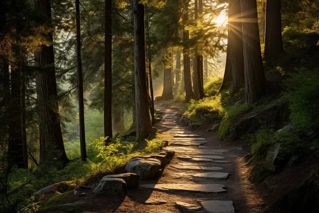 Stone path winding through a serene forest bathed in the warm hues of a setting sun, with a prominent rock in the foreground.