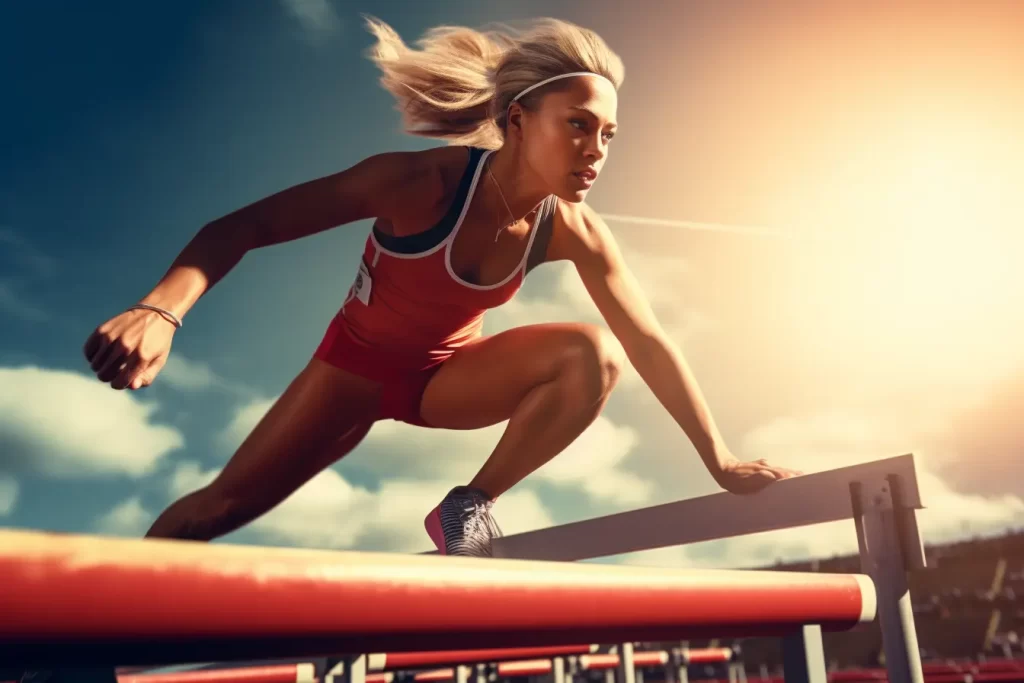 Female athlete in red and white outfit leaping over hurdles with agility, her blond hair billowing, showcasing dedication in competitive sports.