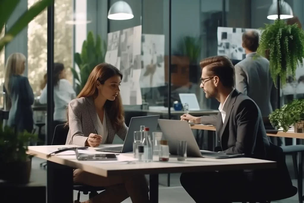Business professionals working around a conference table in a modern office with floor-to-ceiling windows, complemented by a potted plant.