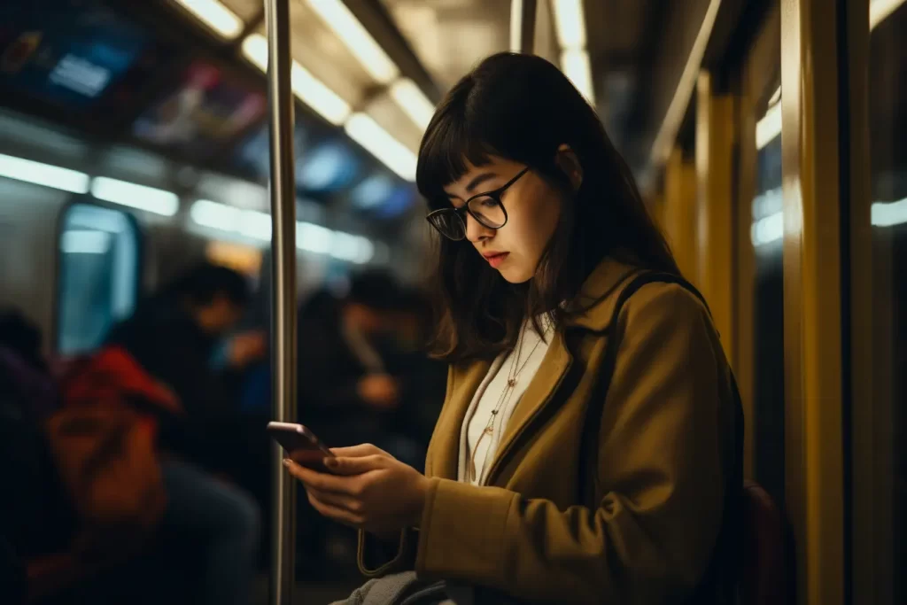 Woman in stylish tan coat engrossed in her phone amidst a bustling subway car, with passengers and vibrant advertisements in the background.