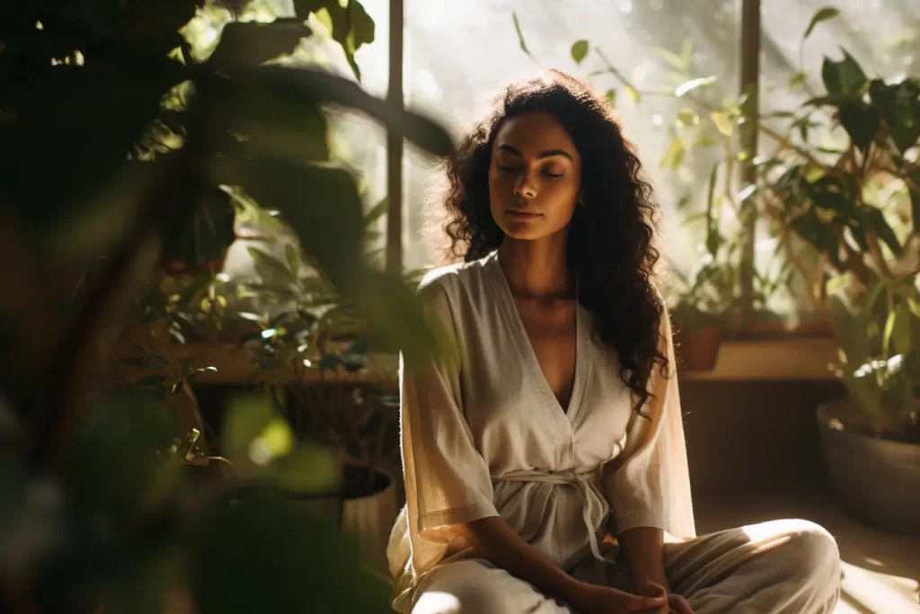 Woman in white robe meditating by a large sunlit window, surrounded by soft muted colors, exuding calm and inner peace.
