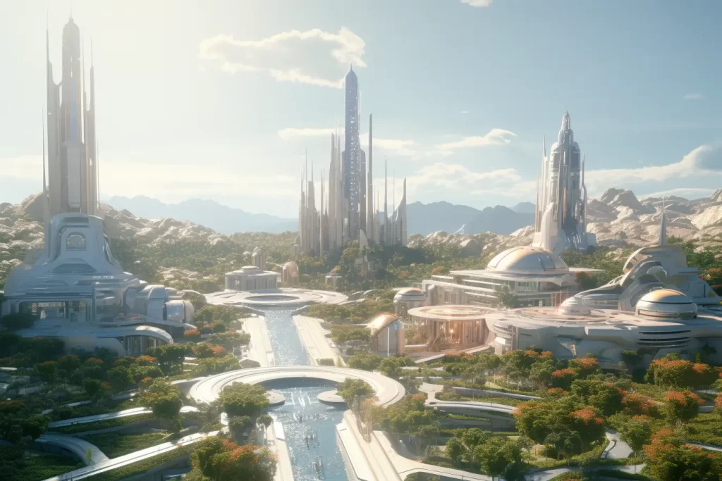Futuristic cityscape with towering skyscrapers, advanced architectural designs, and a tree-lined road, showcasing a harmonious blend of modernity and nature.
