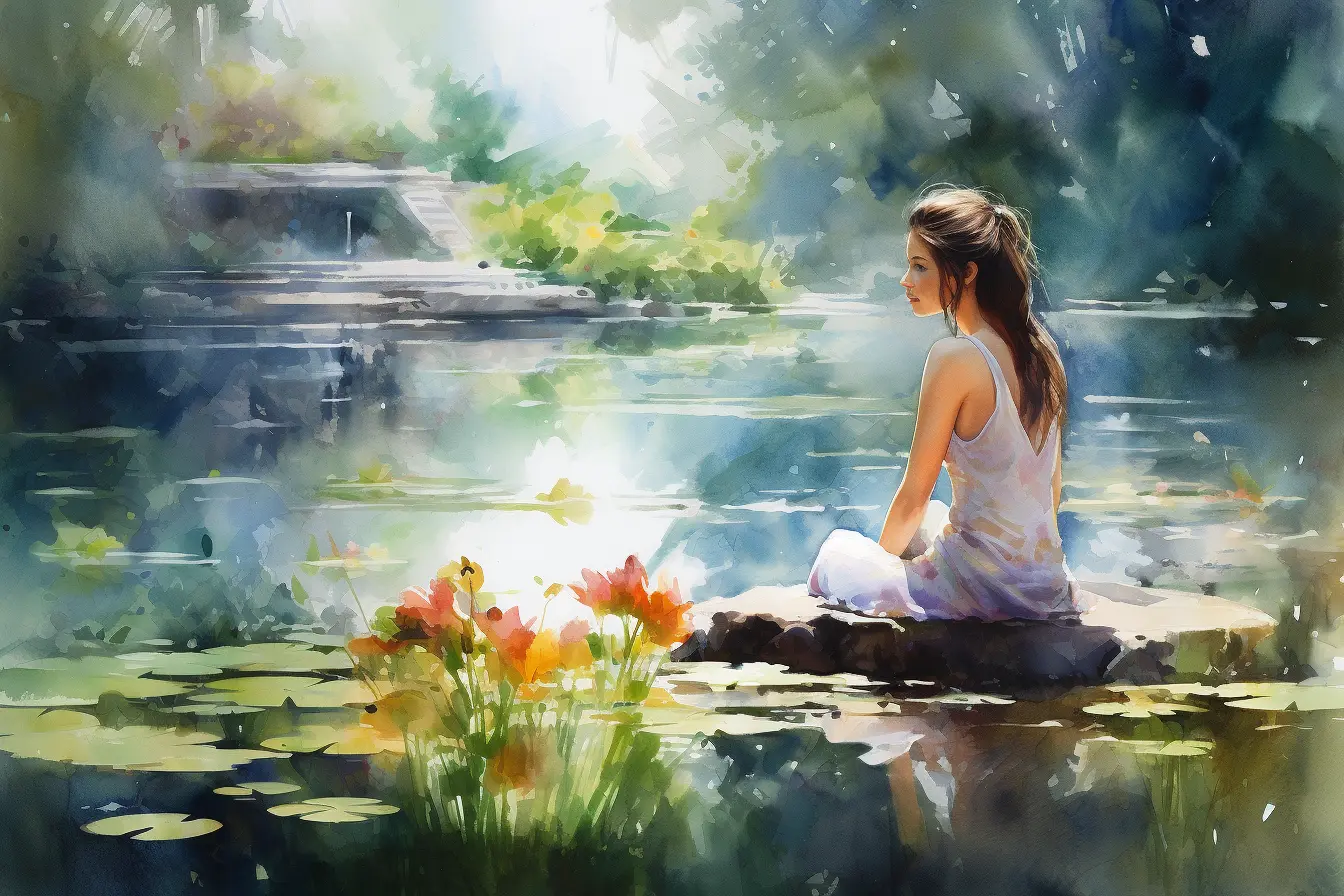 Watercolor painting of a woman sitting on a rock amidst a tranquil pond with lush water lilies.