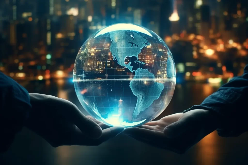 Diverse hands cradling an illuminated globe showcasing a detailed map of the Americas, set against a backdrop of a bustling metropolis, symbolizing global interconnectedness.
