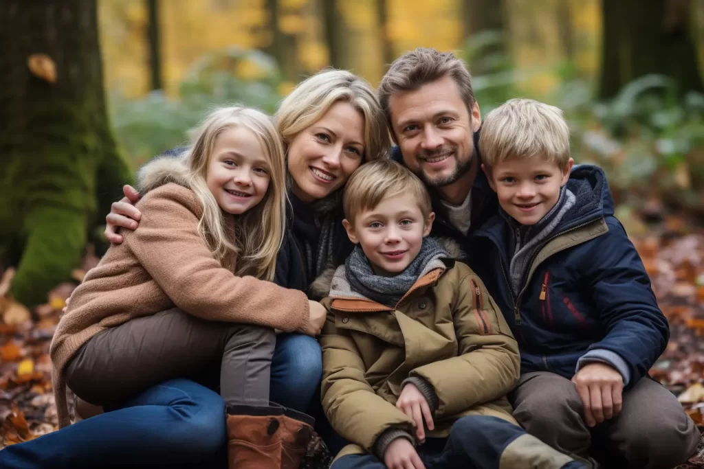 Family of five smiling in autumn forest with colorful leaves on the ground