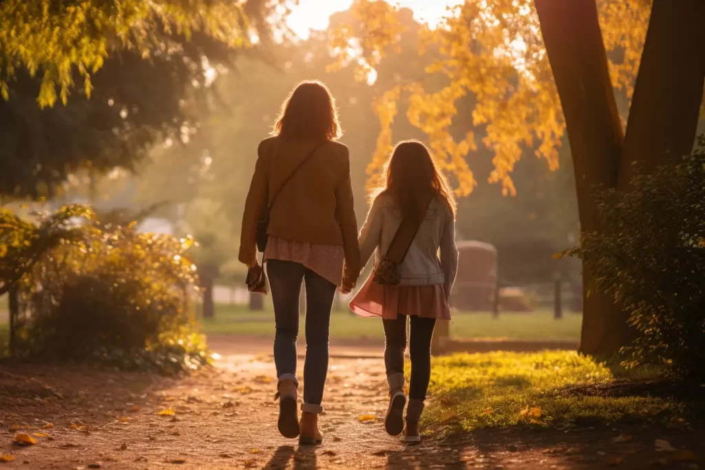 Mother and daughter walking hand in hand on a sunlit path surrounded by autumn leaves