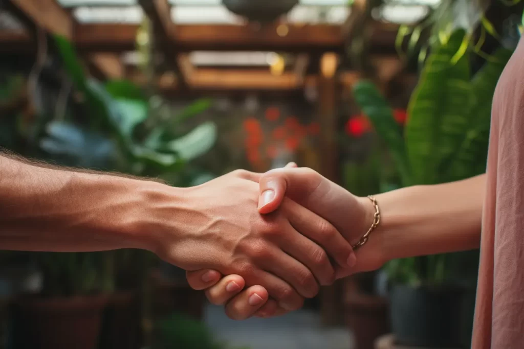 Close-up of two hands clasping in a botanical setting with plants and sunlight