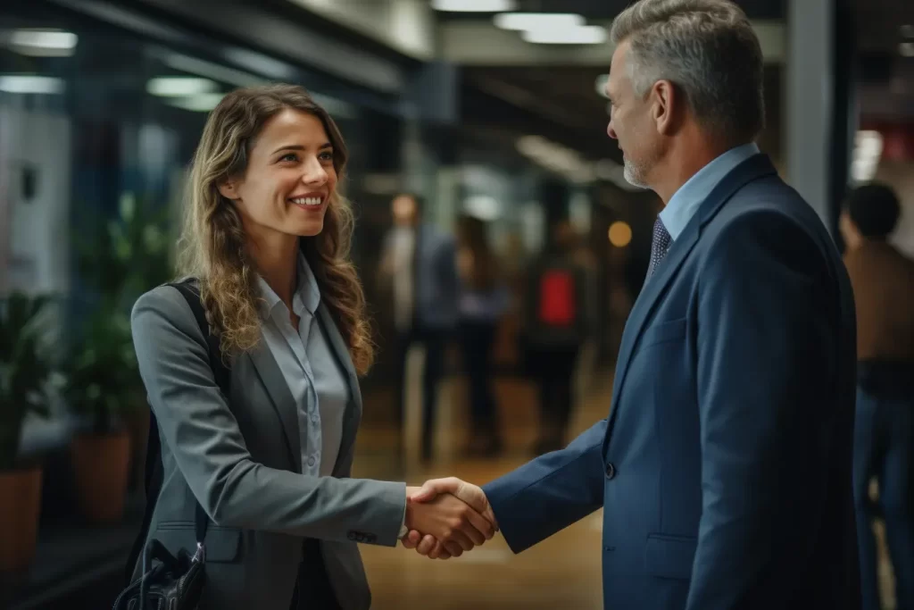 Confident businesswoman warmly greeting a male executive with a handshake.