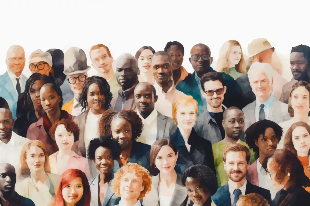 Diverse group of stylized people in watercolor