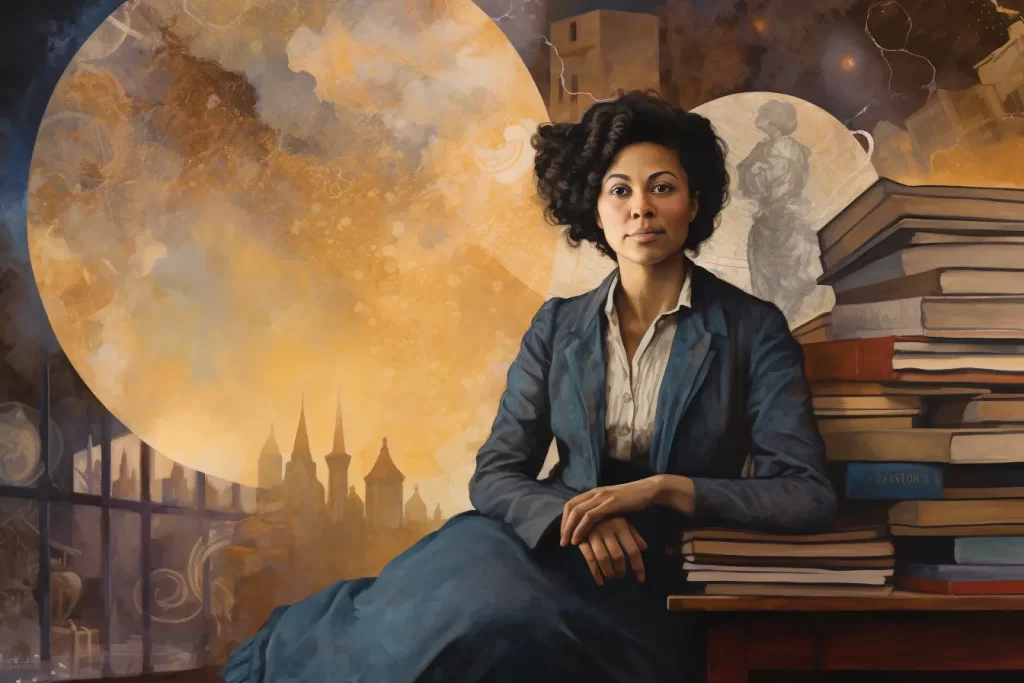 Elegant woman with curly hair seated by a window, surrounded by stacks of books with a dreamy cityscape and golden moon backdrop.