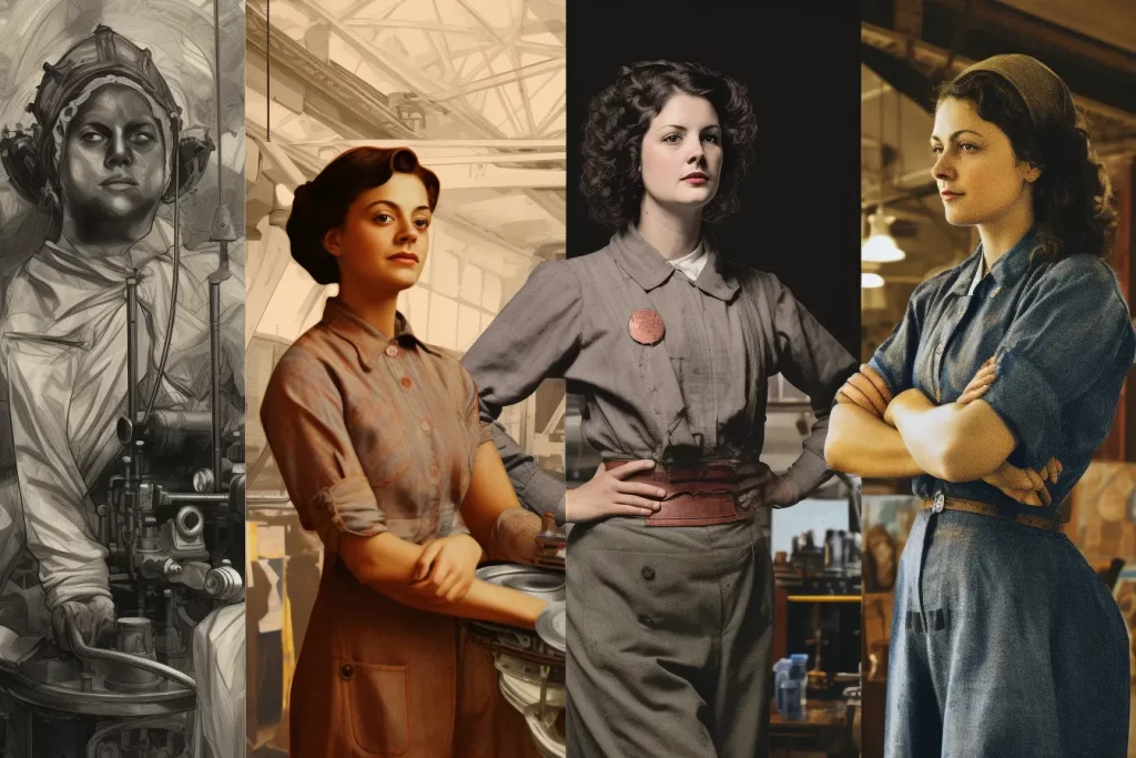 Four women in vintage work attire from grayscale to color