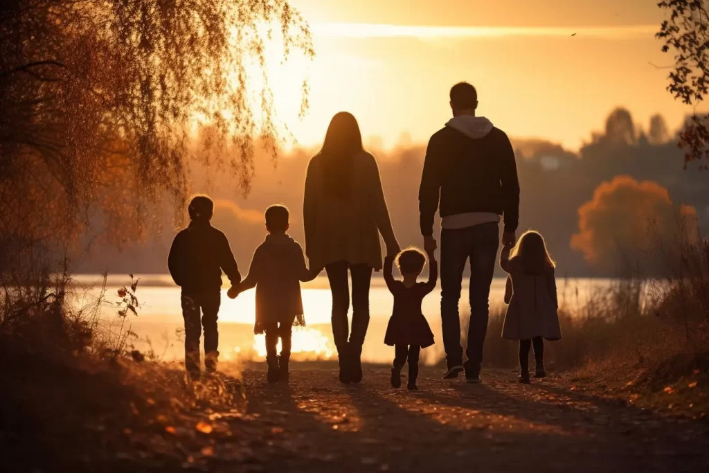 Silhouetted family of six holding hands and walking by a lake during sunset