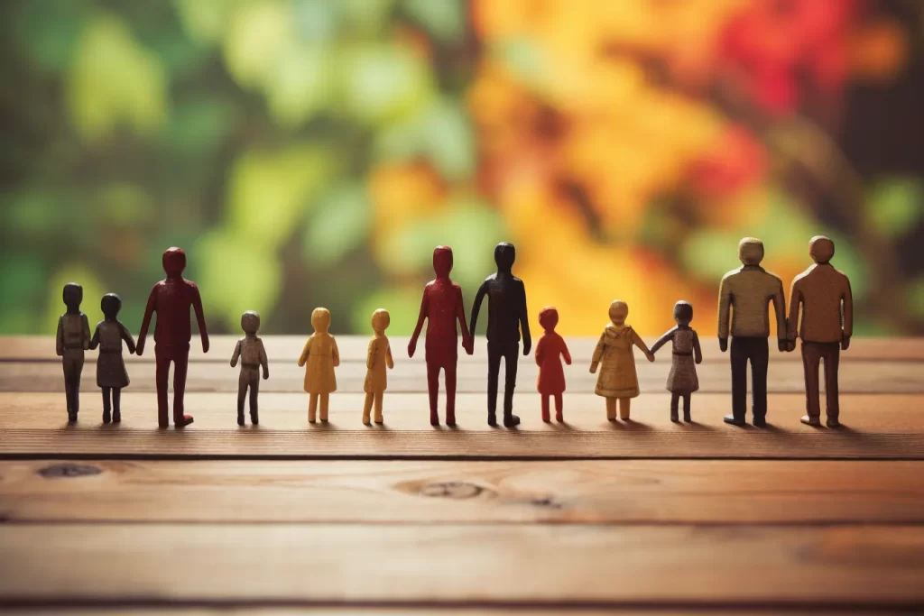 Wooden figurines representing diverse families standing together on a wooden surface with colorful blurred background