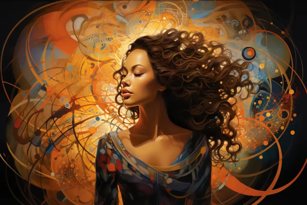 Elegant woman with flowing hair against abstract orange backdrop