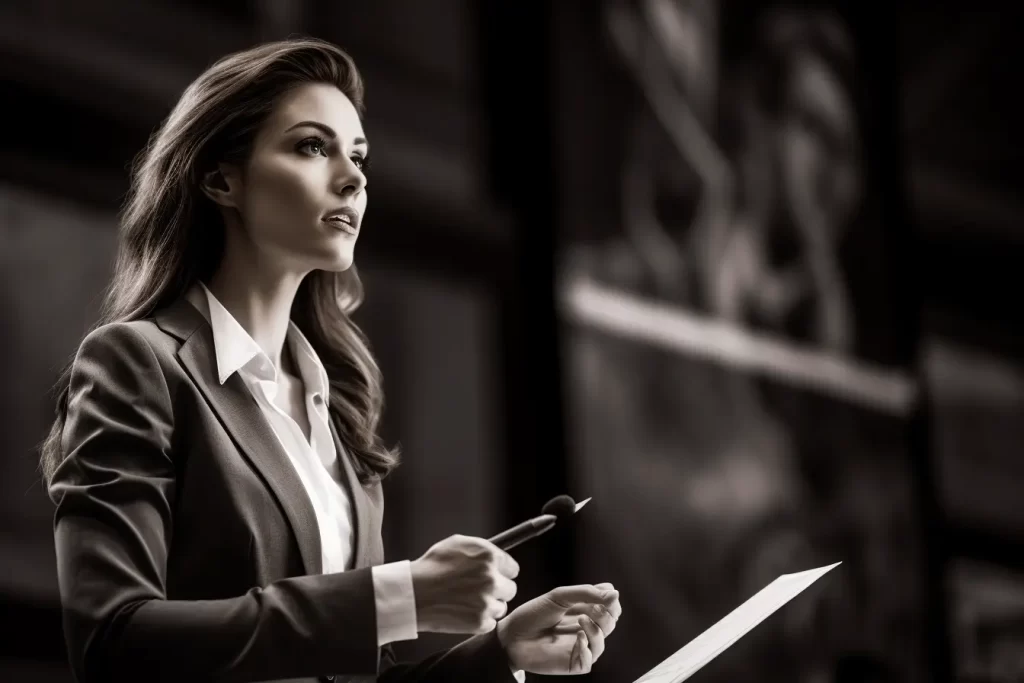 Confident businesswoman holding papers and pen while attentively presenting in a corporate setting.