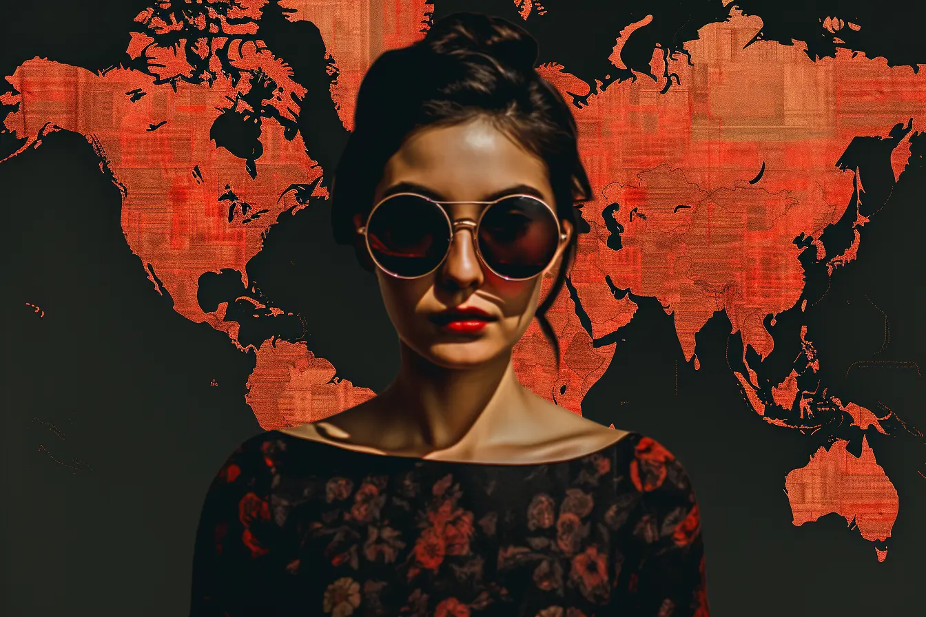 Stylish woman in sunglasses with a red-hued world map background