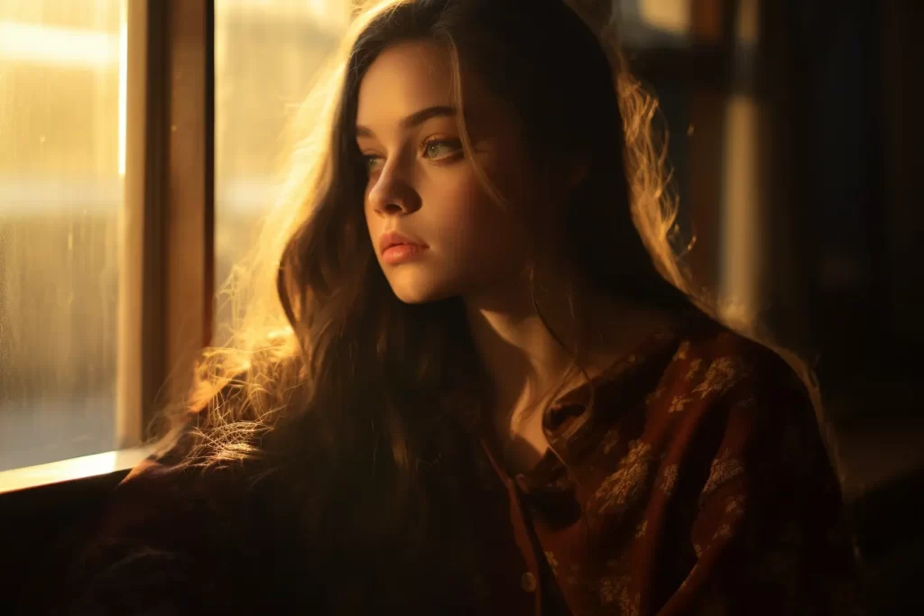 Young woman with flowing hair illuminated by golden sunlight, gazing out a window