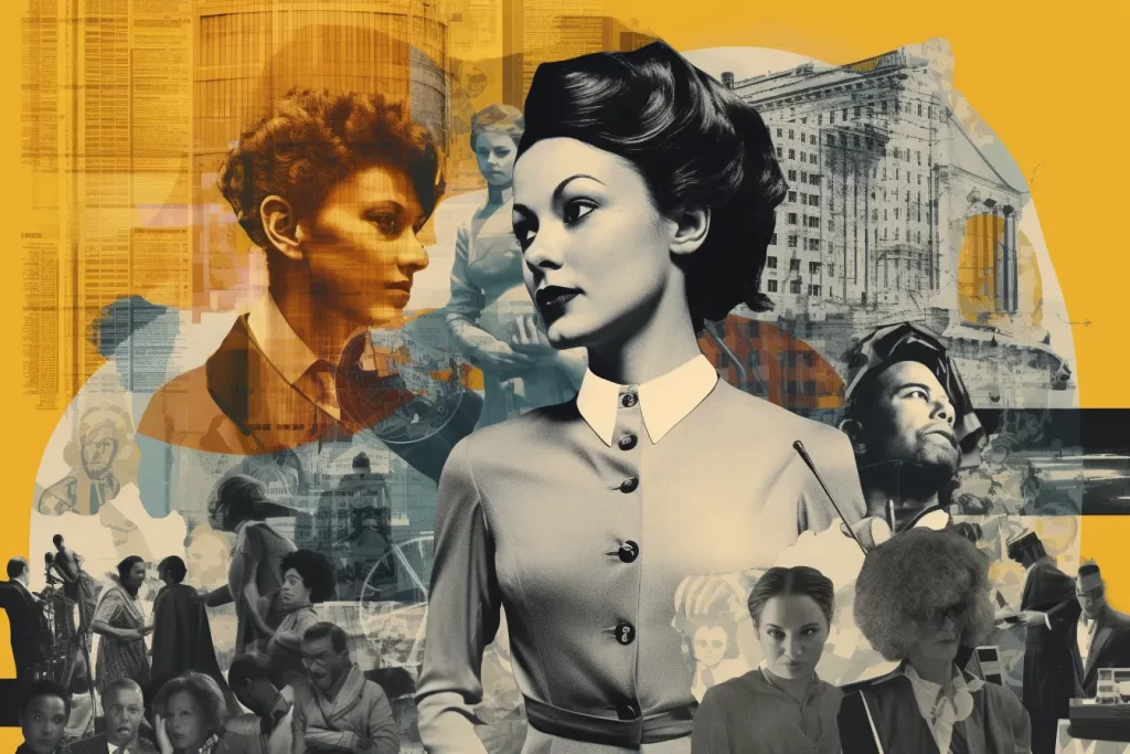 Collage of diverse retro-styled individuals overlaying cityscape