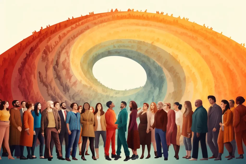 Illustration of diverse people forming a circular gradient around a central void
