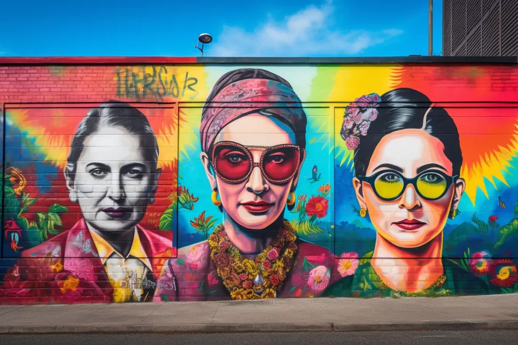 Colorful street mural featuring three iconic women with vibrant backgrounds and accessories.