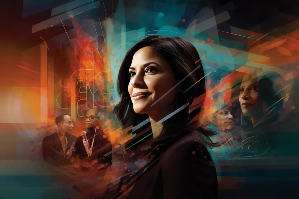 Collage of confident woman with past innovators' translucent overlays against a vibrant abstract backdrop