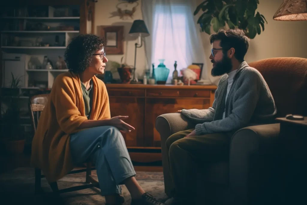 Curly-haired woman in orange cardigan conversing with bearded man in cozy living room