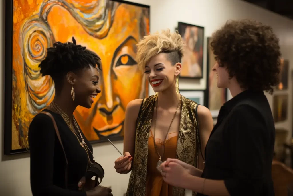 Three women laughing at art gallery with vibrant orange painting
