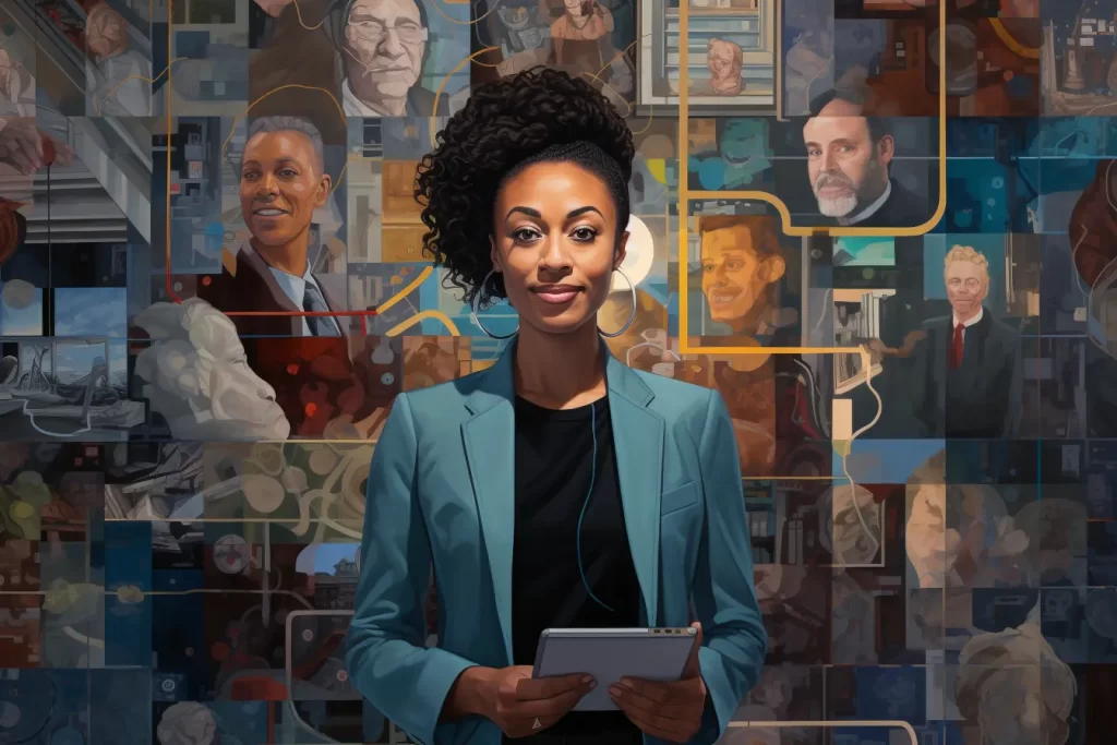Confident professional woman with tablet against a mosaic of historical figures