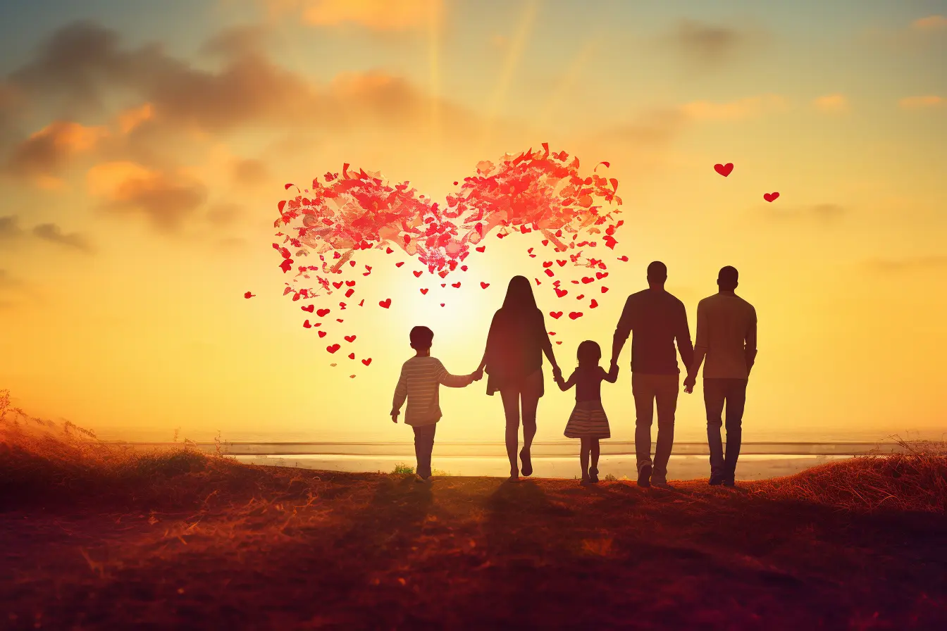 Different parenting styles in a blended family. Silhouette holding hands at sunset with heart-shaped leaves swirling above.