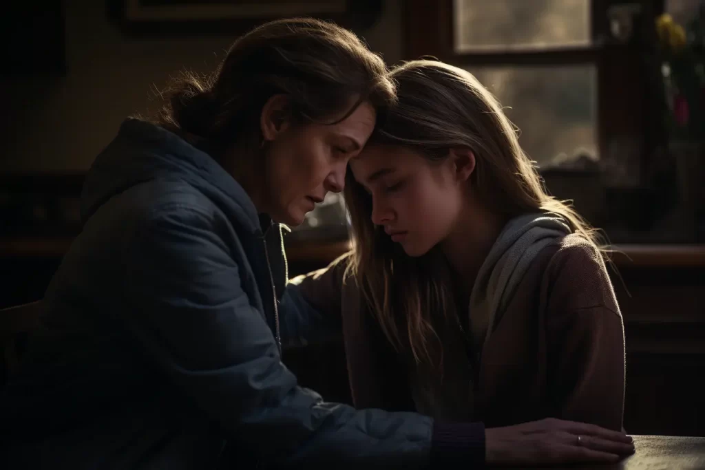 Mother and daughter sharing an intimate moment with their foreheads touching in a dimly lit room