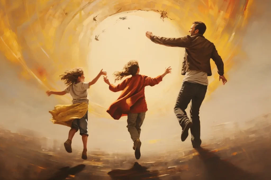 Man and two children levitating towards a luminous vortex with birds and glowing hues.