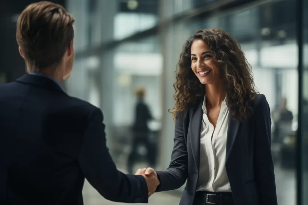 Smiling businesswoman shaking hands with colleague in office setting.