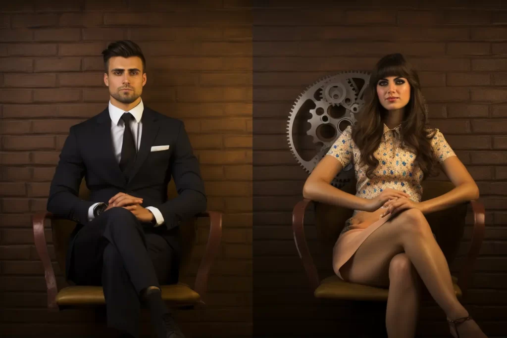 Elegant man and woman seated separately with vintage backdrop