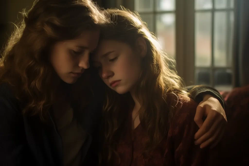 Two young women with wavy hair sharing an intimate moment, comfortingly leaning heads together in soft lighting
