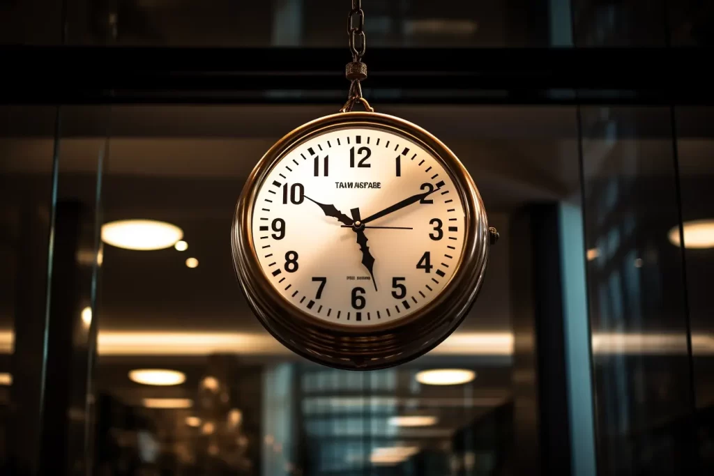 Vintage hanging clock with roman numerals in a warm-lit office environment