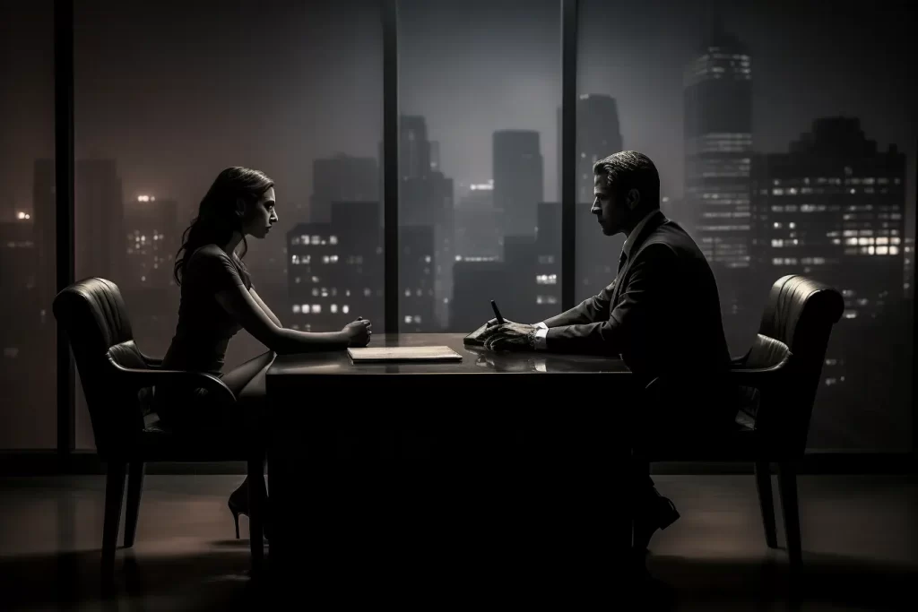 Man and woman in a tense discussion at a table against a cityscape at night.